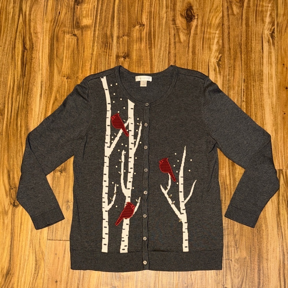 Christopher & Banks women’s large 12 14 cardigan sweater grey Red Bird Design